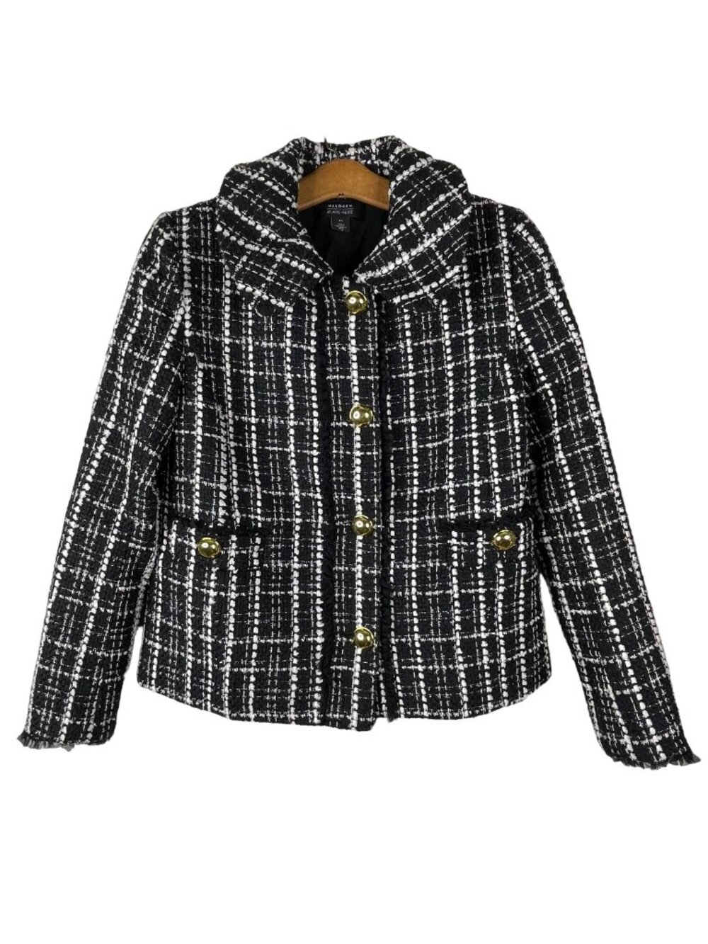 Halogen x Atlantic-Pacific Jacket Blazer Size XS Tweed Tulle Ruffle Plaid Black